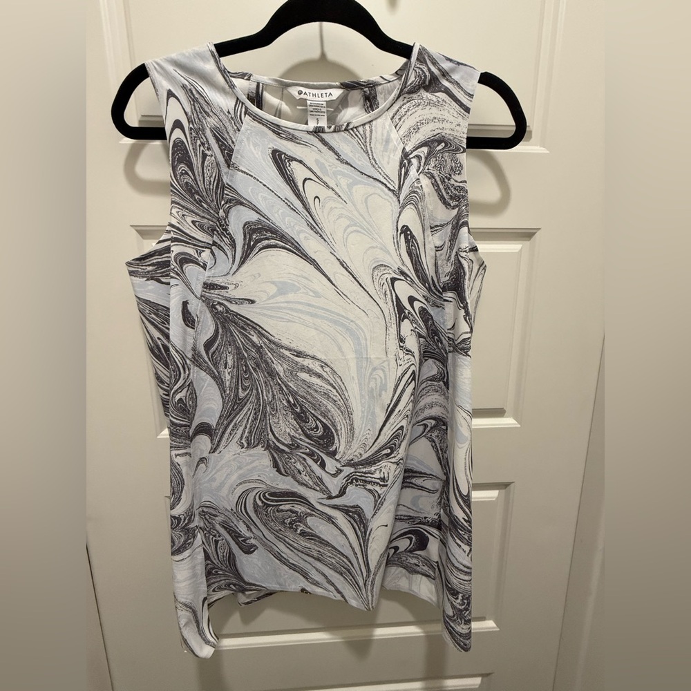 Athleta -Zephyr Refined Tank -Sumi Marble Light Blue White Notched Hem. Sz small